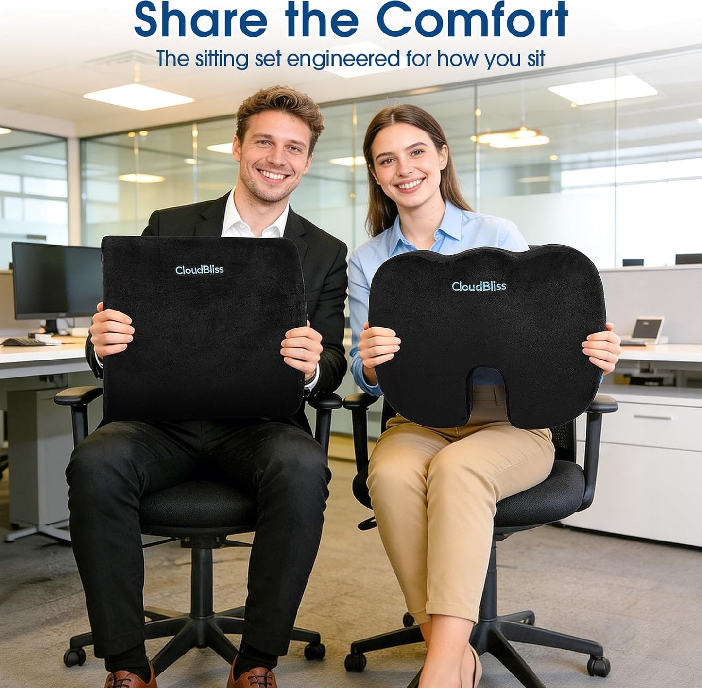 CloudBliss Lumbar Support Pillow & Seat Cushion Set for Office Chair, Desk Chair, Wheelchair & Car – Memory Foam Back Support, Ergonomic Chair Cushions, Sciatica Pain Relief, Home Essentials, Black