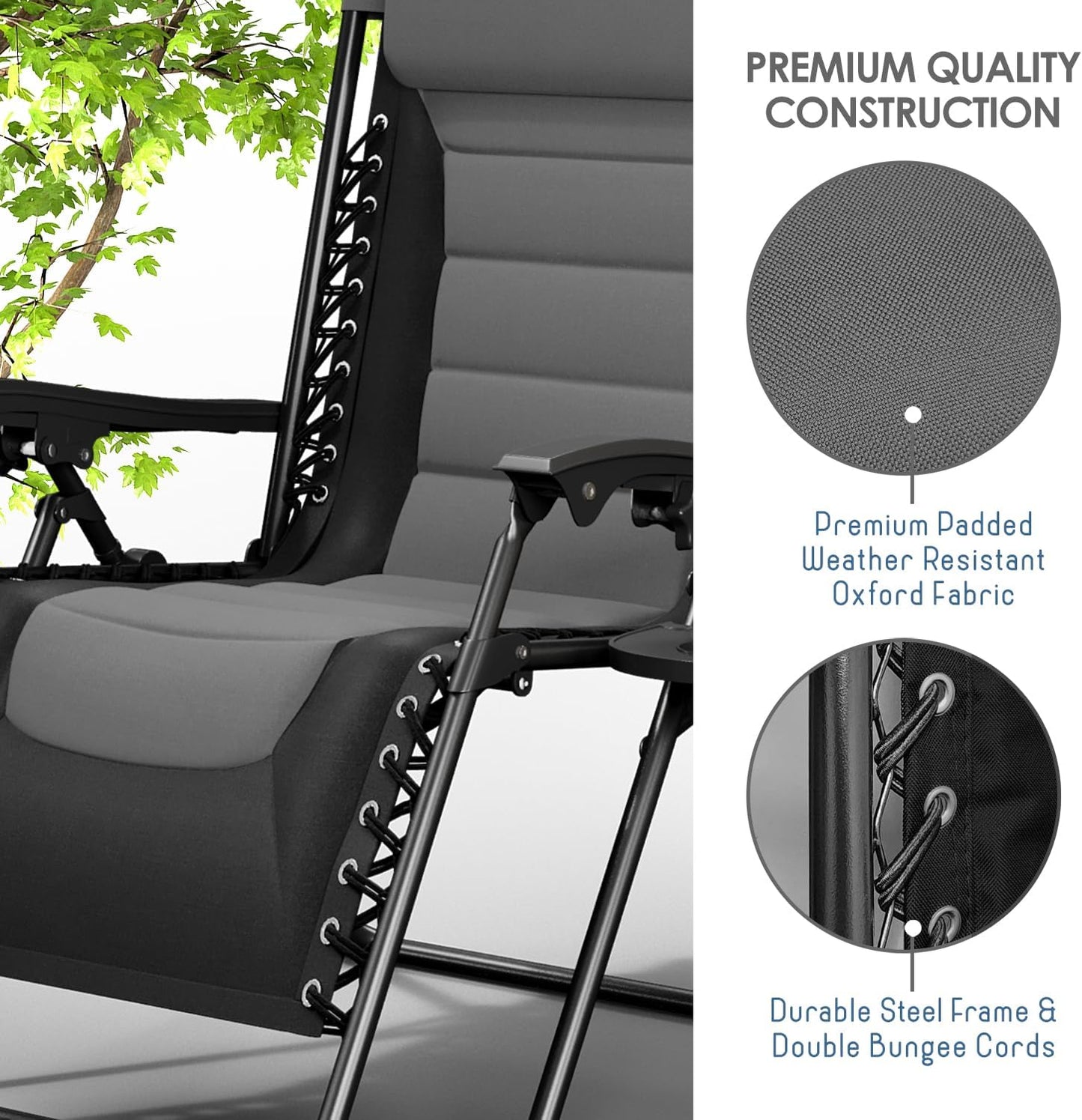 Nestl Outdoor Padded Zero Gravity Chair, Patio Lounge Chair Outdoor Recliner, Oversized Anti Gravity Lounger with Adjustable Headrest and Cup Holder, Foldable for Camping, Yard - Black/Grey