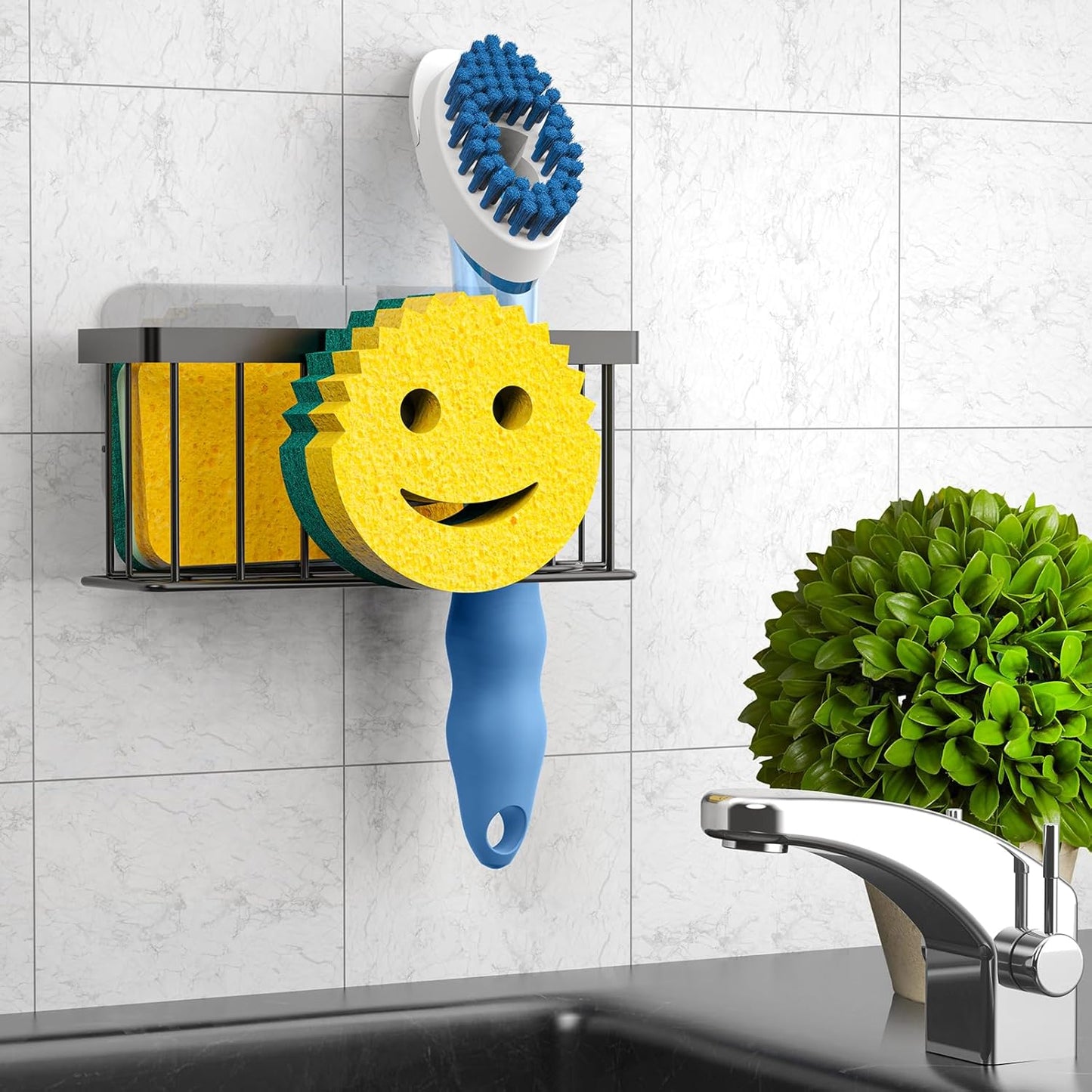MURLONG Sponge Holder Smiley Face, Sink Organizer with 2 Suction Cups/1 Adhesive Strips, Designed for Sponge, Soap, Dish Brush, Scrubber - Black