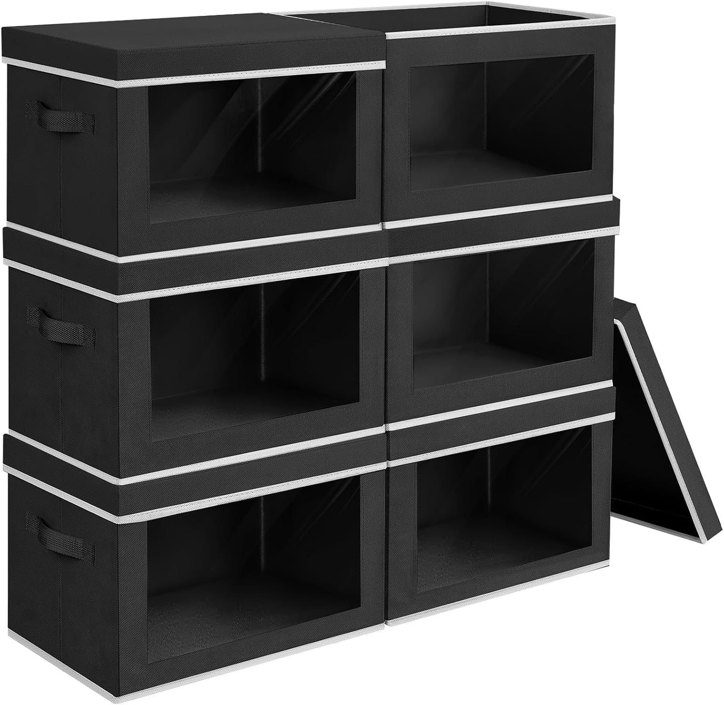 Homsorout Large Storage Baskets with Lids - Stackable Cube Bins for Closet, 6 Pack Black Windows Organizer Bins, Home Organizers and Storage for Clothes, CD, Towels