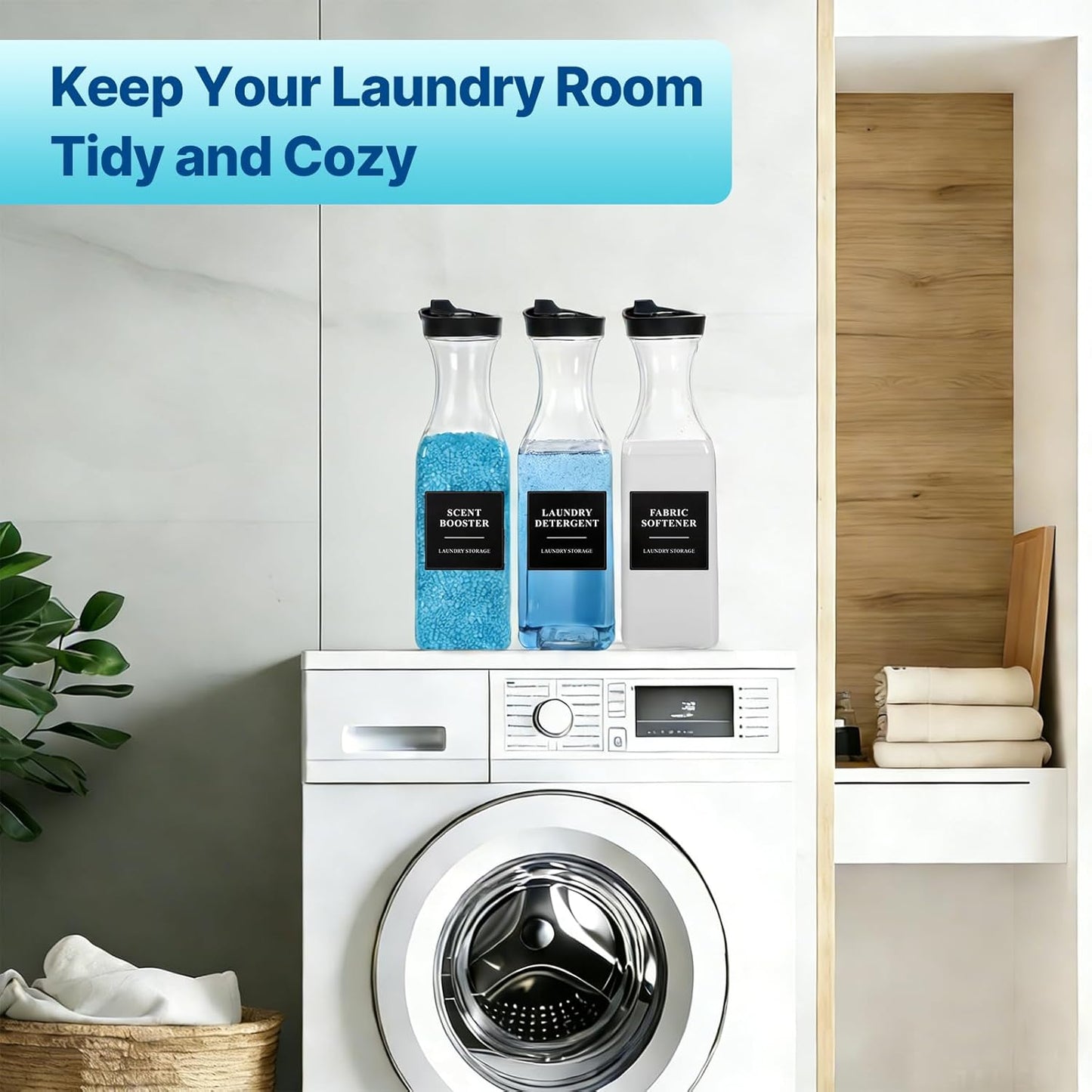 3 Pack Laundry Detergent Dispenser, Laundry Soap & Fabric Softener Dispenser, 54oz Laundry Detergent Containers, Laundry Room Organization and Storage Plastic Bottle for Scent Booster, Powder, Bleach