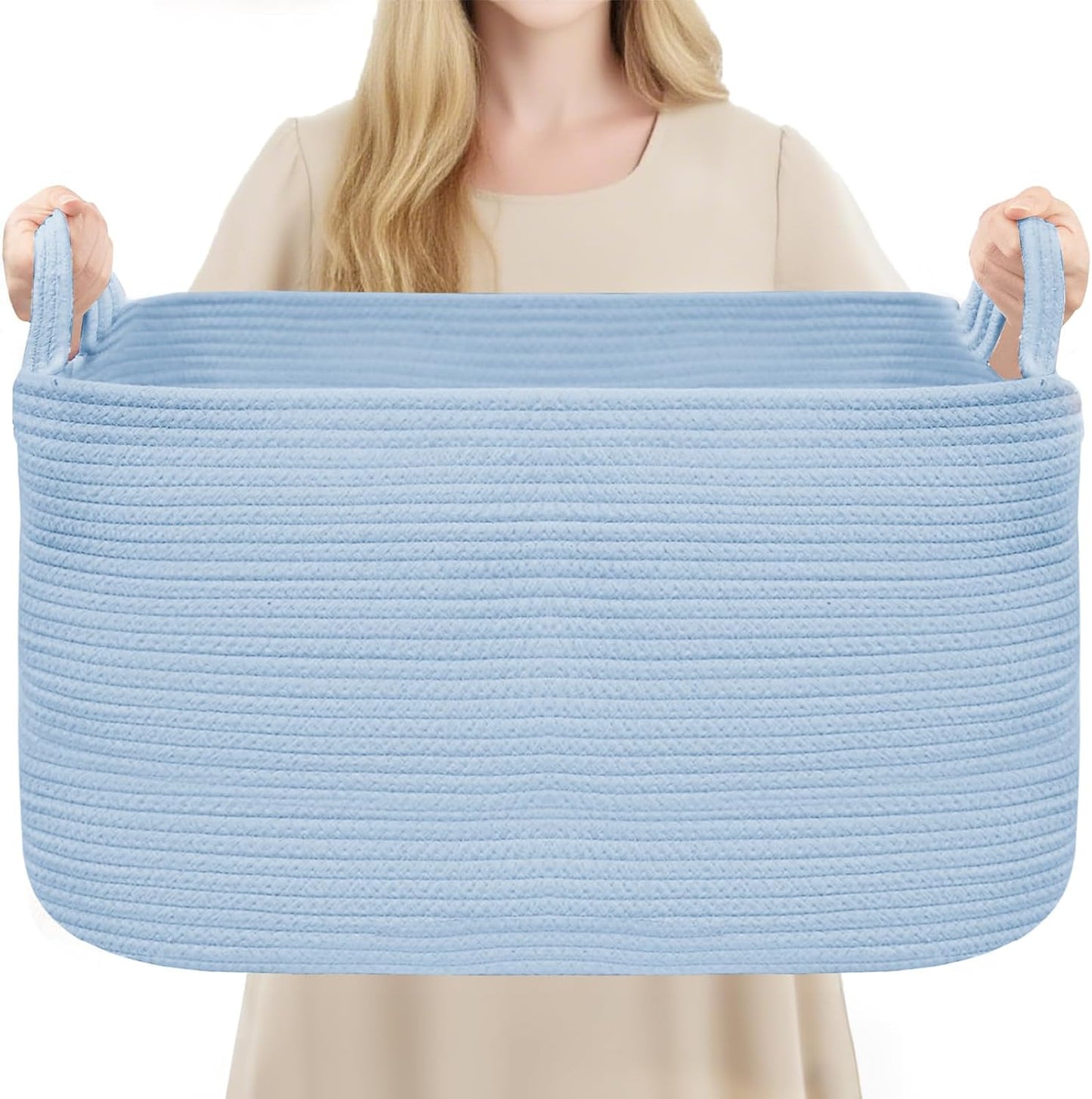 YOUDENOVA Large Blanket Basket, Rectangle Cotton Rope Storage Baske | 21.6''×14.9''×11.8'' Nursery Laundry Hamper for Storage Clothes Organizing, Woven Basket, Dirty Clothes Organizer Bins