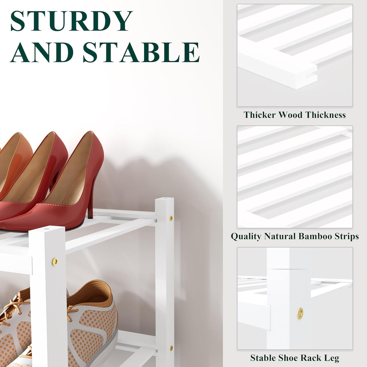 Smiry Bamboo Shoe Rack for Closet, 2 Tier - 17.32" Wide, White