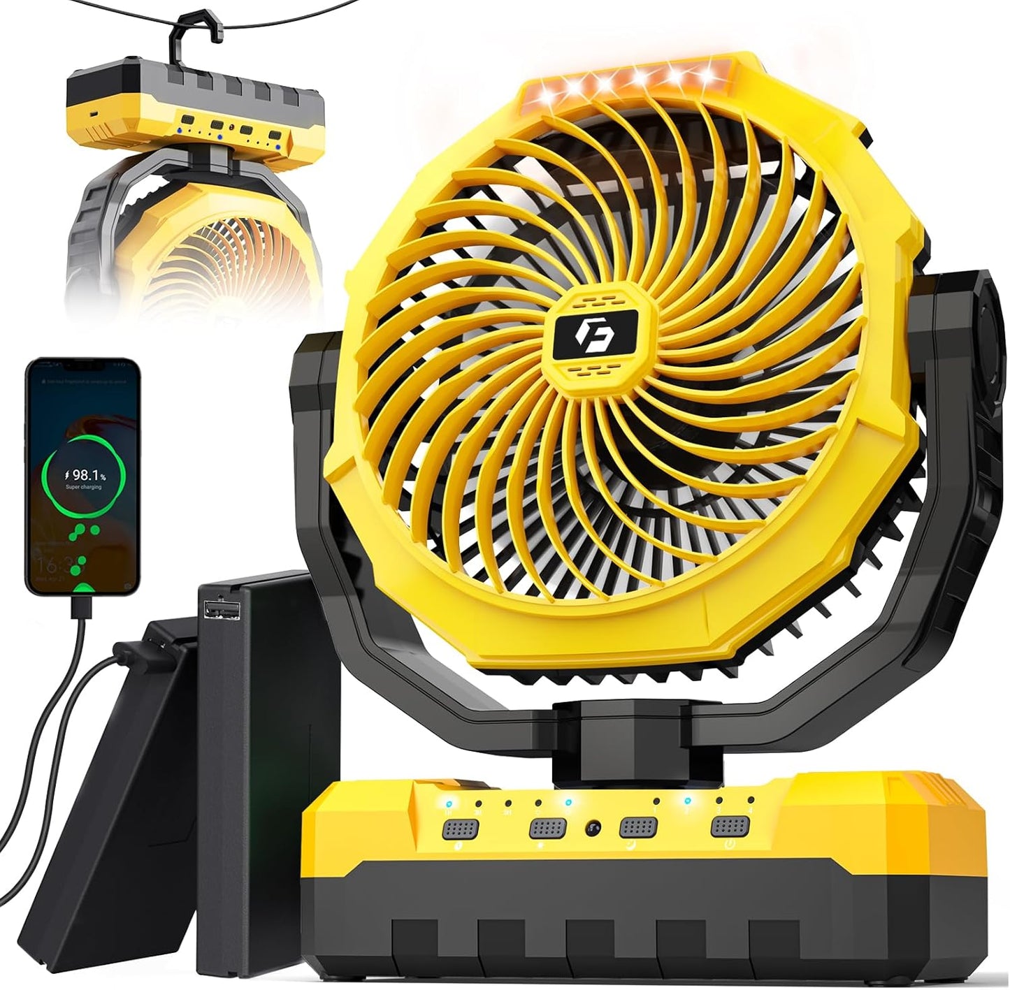 36000mAh Portable Camping Fan - 120HRS Rechargeable Fan with Detachable Battery with LED & Remote - 4 Speeds Battery Powered for Tent,Travel, Office, Jobsite