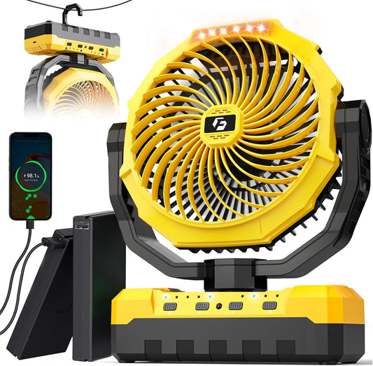 36000mAh Portable Camping Fan - 120HRS Rechargeable Fan with Detachable Battery with LED & Remote - 4 Speeds Battery Powered for Tent,Travel, Office, Jobsite