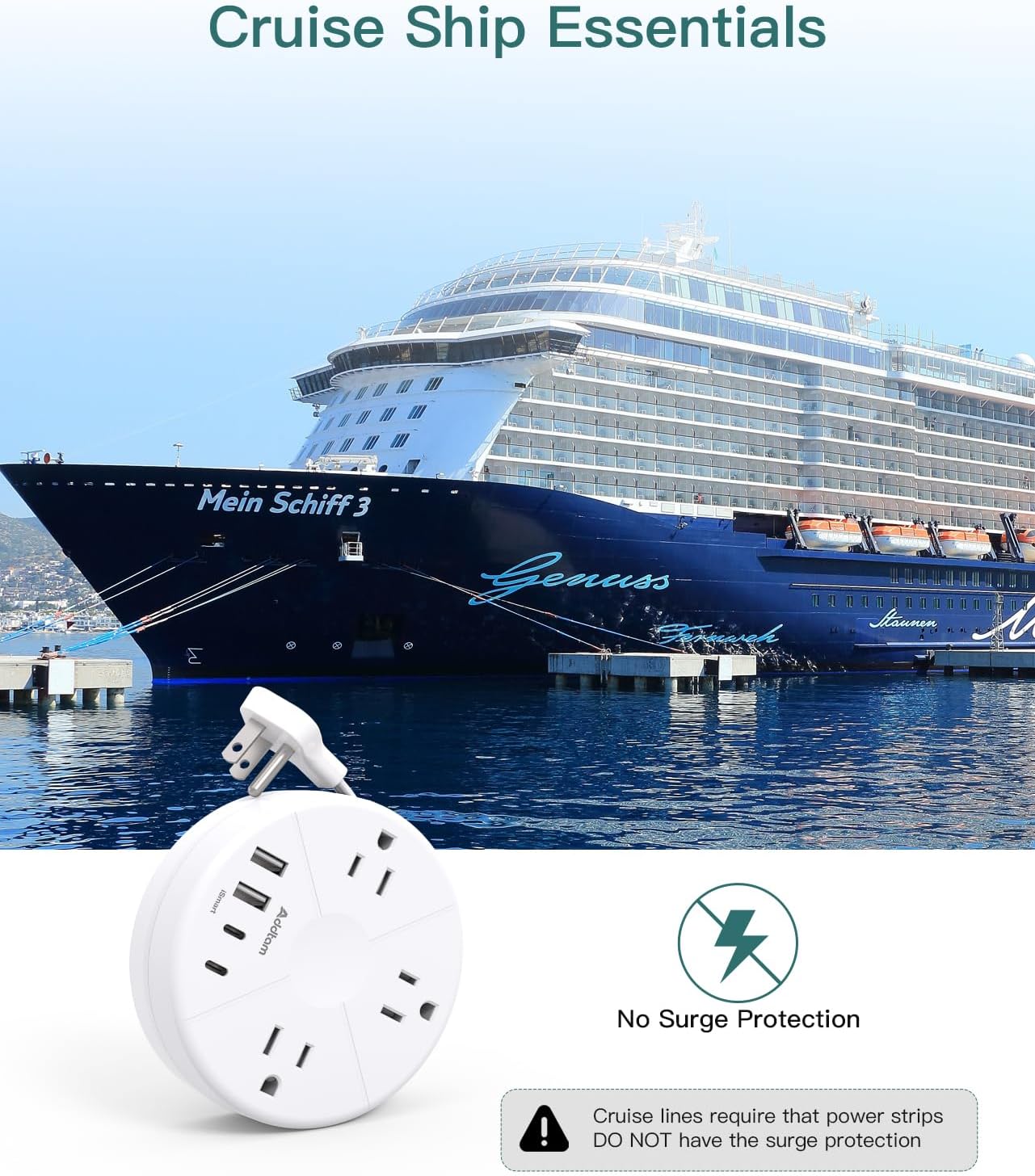 Addtam Travel Esstentials - Cruise Approved Power Strip with 5ft Retractable Cord, Ultra Thin Flat Plug, 3 Outlets 4 USB (2 USB C), Non Surge Protector for Travel/Cruise/Home/Dorm/Office, ETL Listed
