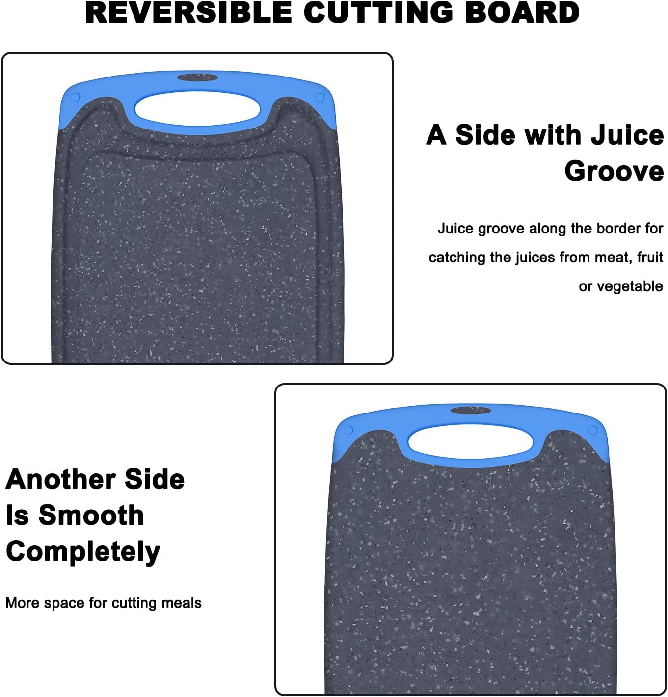 Viretang Non Slip Cutting Board, 3 Pieces Dishwasher Safe Cutting Boards with Juice Grooves, Easy Grip Handle, Non-Slip, with Grinding Area for Grinding Garlic and Ginger（blue）