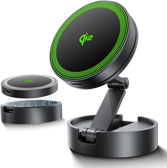 THREEKEY Magnetic Car Mount Charger Lite Qi2 15W Fast Wireless Charging | Compatible with iPhone 17-12|Galaxy S26-S25 Ultra,Retractable holder, 360° Adjustable,Strong magnetic