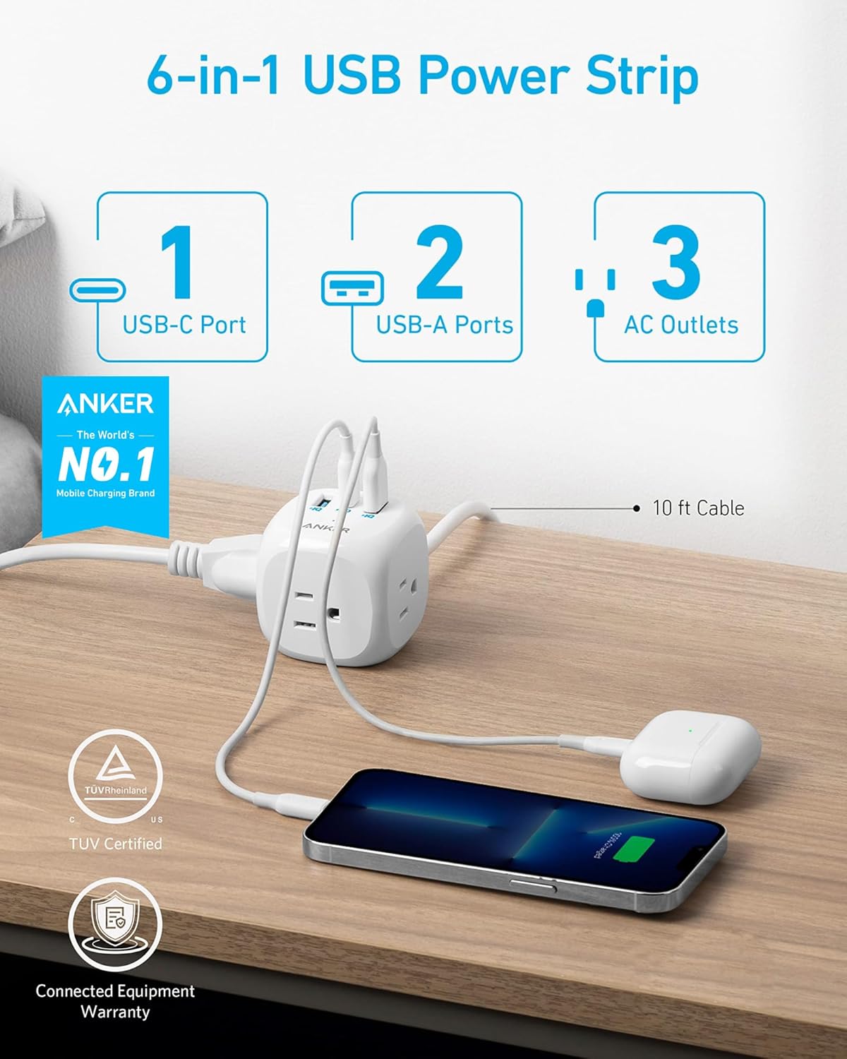 Anker 321 Power Strip with 20W USB C, 3 Outlets and USB C Charging for iPhone 15/15 Plus/15 Pro/15 Pro Max, 10 ft Extension Cord, Power Delivery Charging for Dorm Rooms,Home Office