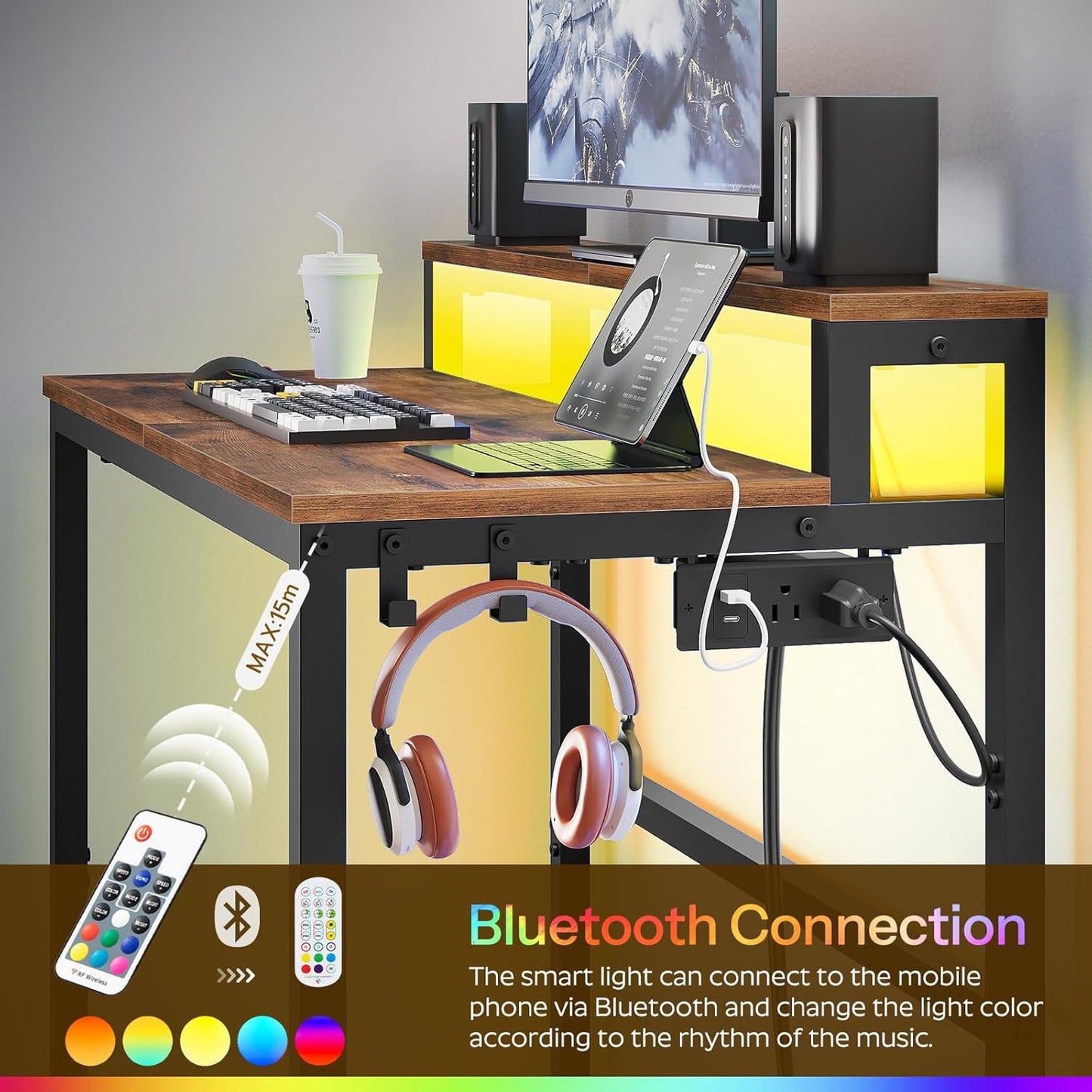 YATINEY Small Computer Desk with Charging Station and LED Lights, Gaming Desk with Monitor Stand, 2-Tier Home Office Desk with 4 Side Hooks, for Living Room, Home Office, Rustic Brown DN01UDBRY2