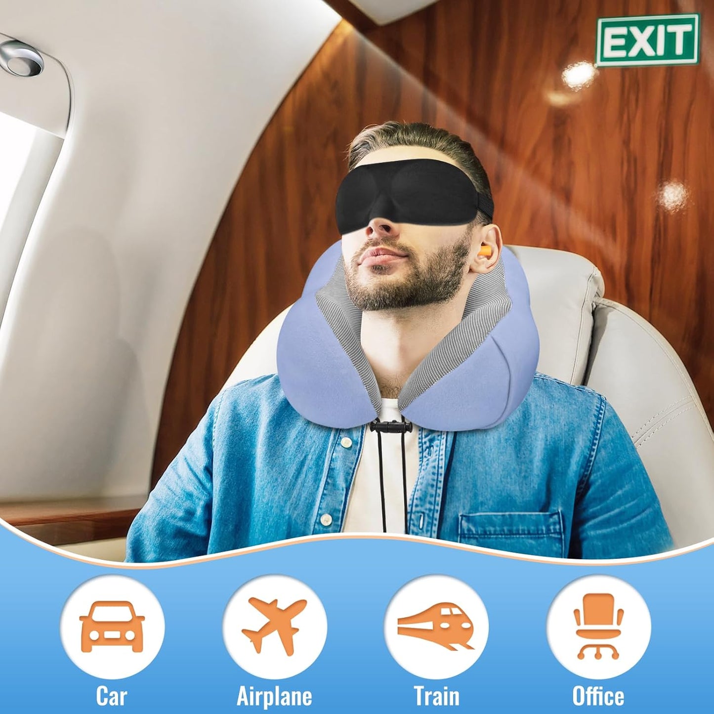 CloudBliss Travel Pillows for Airplane, 2 Pack Memory Foam Neck Pillow for Travel, Airplane Pillow for Long Flight, Car & Office Use, Plane Accessories with Eye Mask, Earplugs, Carry Bag, Black & Blue