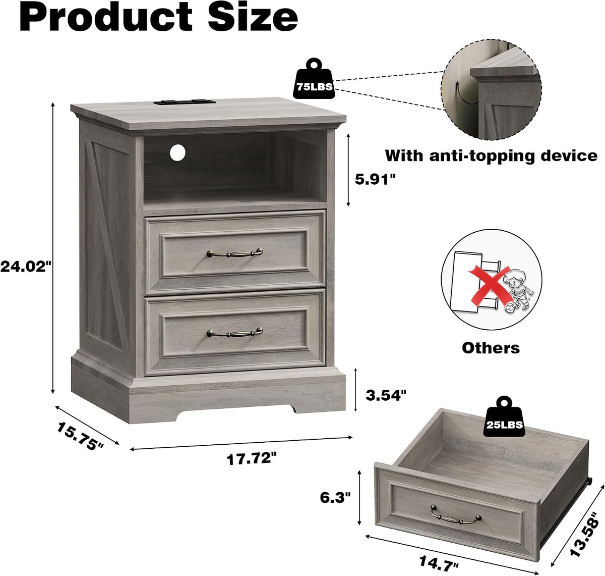 Xixini Nightstand with Charging Station, Farmhouse Light Grey Bedside Table