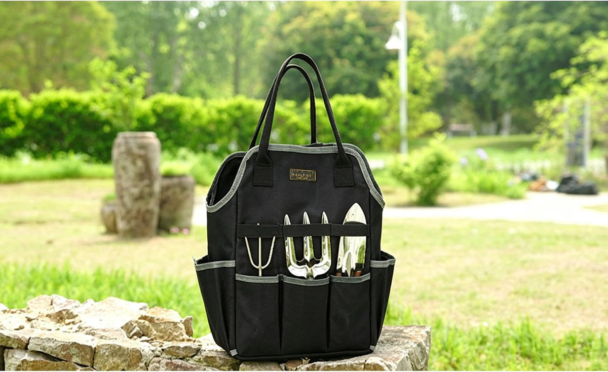 Garden Tool Bag | Heavy-Duty 16oz Waxed Canvas Garden Tool Tote with 8 Pockets | L9.5" x W6" x H15.5" | Tools Storage Bag for Gardeners, Portable Tool Organizer for Garden Essentials