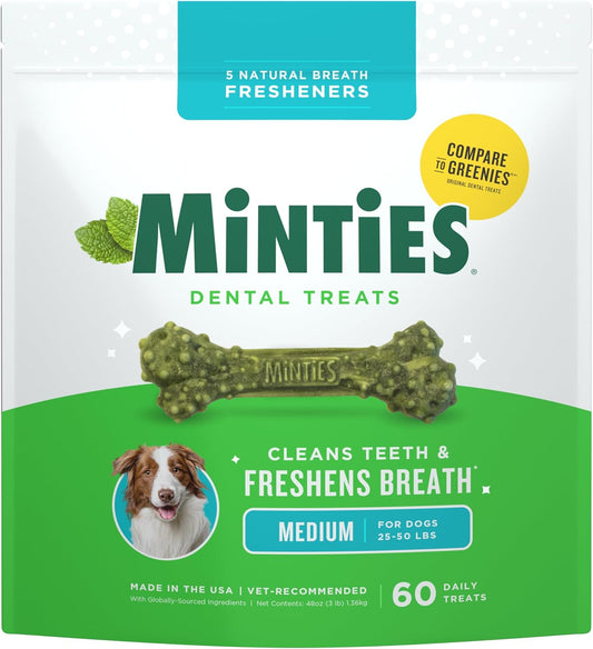 Minties Dental Chews for Dogs, 60 Count, Vet-Recommended Mint-Flavored Dental Dog Treats for Medium Dogs, Bones Clean Teeth, Fight Bad Breath, and Removes Plaque and Tartar