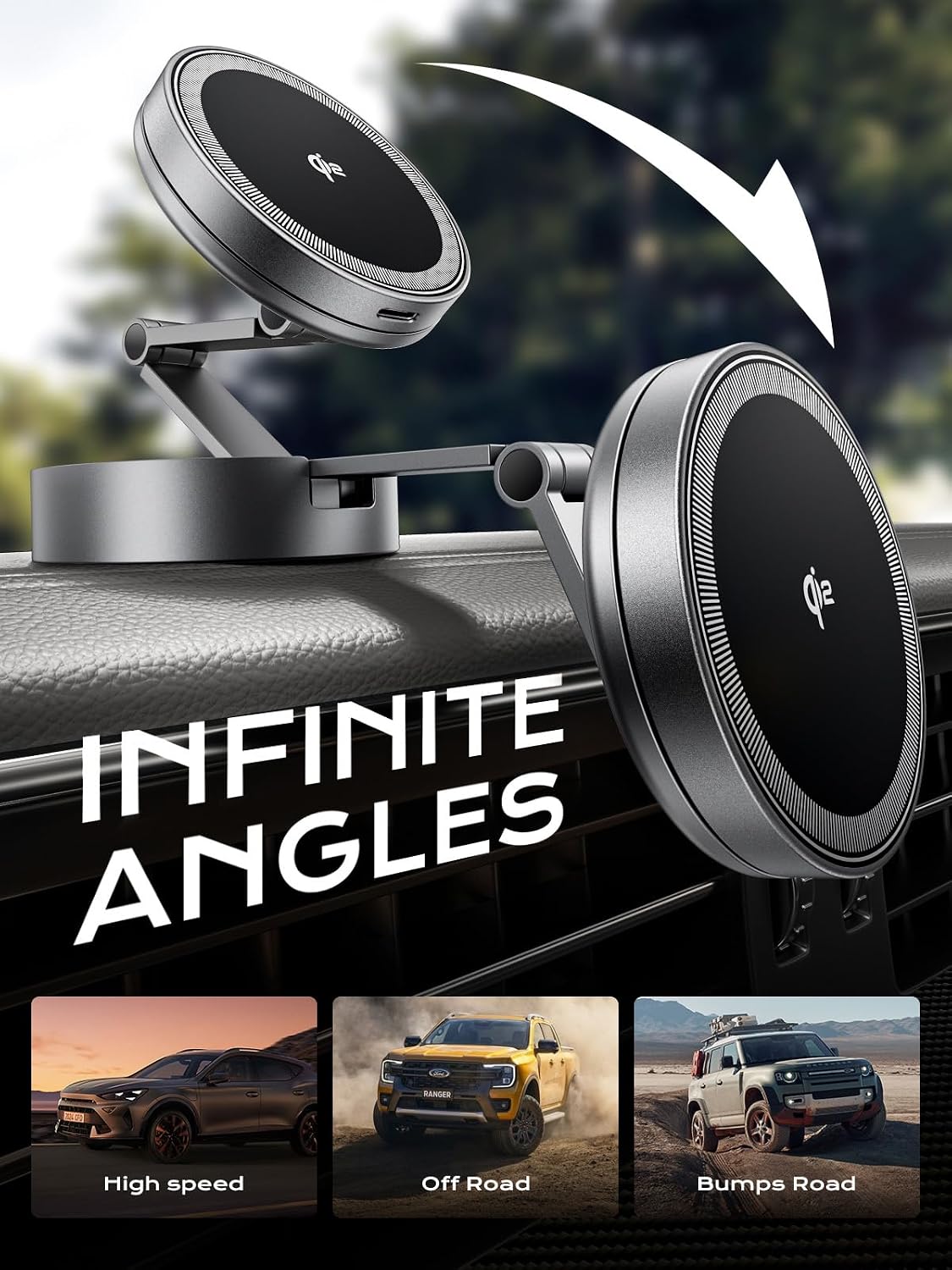 THREEKEY Magnetic Car Mount Charger Lite Qi2 15W Fast Wireless Charging | Compatible with iPhone 17-12|Galaxy S26-S25 Ultra,Retractable holder, 360° Adjustable,Strong magnetic