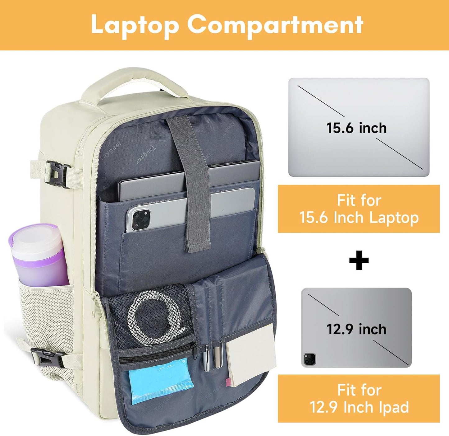 Taygeer Travel Backpack for Women, Carry On Backpack with Shoe Pouch, TSA 15.6" Laptop Back Pack Flight Approved, College Gym Bag Casual Daypack for Weekender Business Hiking,Beige