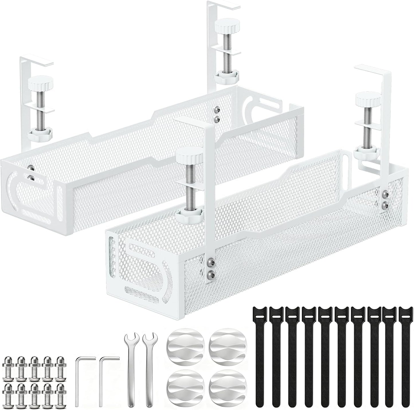 2Pack Under Desk Cable Management Tray, No Drill Mesh Desk Cable Tray | Wire Management Tray Cable Management Rack, Cord Organizer and Cable Management Box (White)