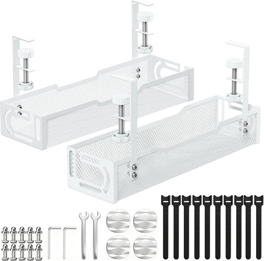 2Pack Under Desk Cable Management Tray, No Drill Mesh Desk Cable Tray | Wire Management Tray Cable Management Rack, Cord Organizer and Cable Management Box (White)