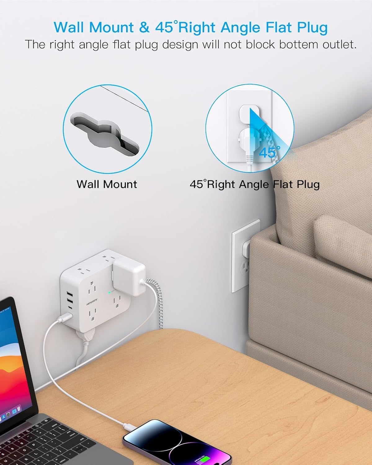 Surge Protector Power Strip, HANYCONY Extension Cord with Multiple Outlets, 5 Ft Ultra Thin Flat Plug 8 Outlets 4 USB Ports(2USB C), 1080J Outlet Extender for Home Office College Dorm Room Essentials