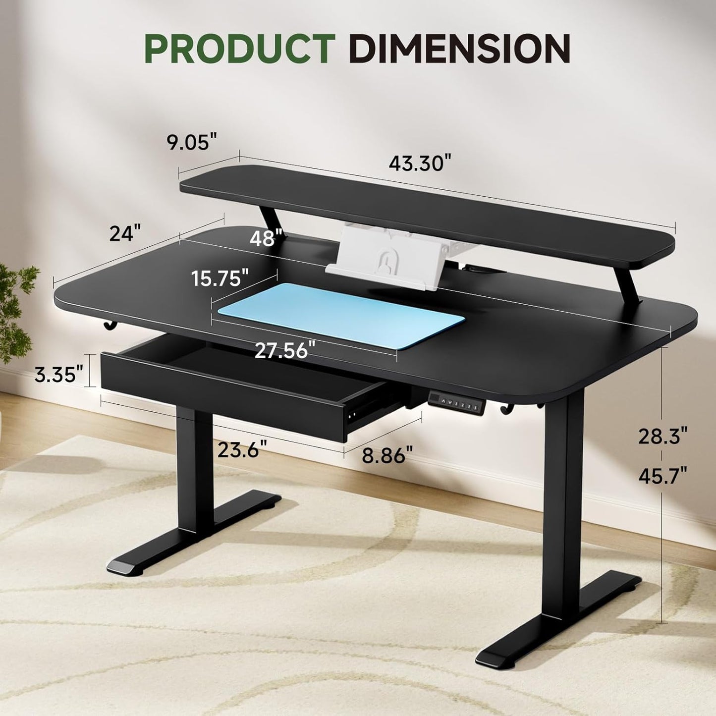 GTPLAYER Electric Standing Desk with Drawers, 48 x 24 Inches Height Adjustable Computer Desk with Monitor Stand, Laptop Stand, Sit Stand up Desk with Memory Preset for Home, Office, Black