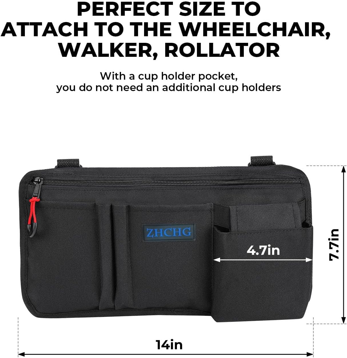 ZHCHG Wheelchair Side Bag with Cup Holder, Wheelchair Armrest Pouch Accessories for Walker, Rollator, Electric Scooter Wheelchairs, Ideal Gift for Mother's Day & Father's Day