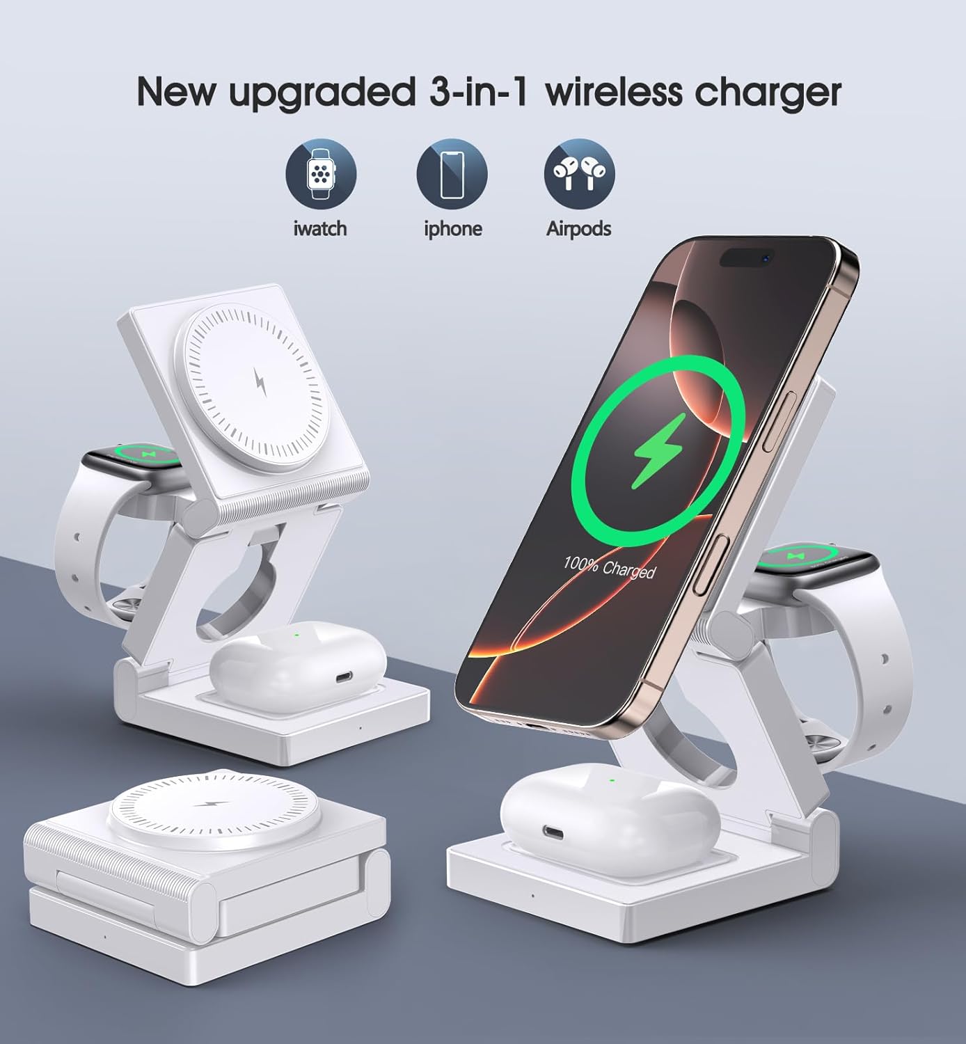 3 in 1 Wireless Charging Station for Apple Multple Devices - Foldable Magnetic Wireless Charger Dock -Travel 18W Charging Pad for iPhone 17 16 15 14 13 12 Pro/Pro Max/Plus/Watch & Airpods All Series