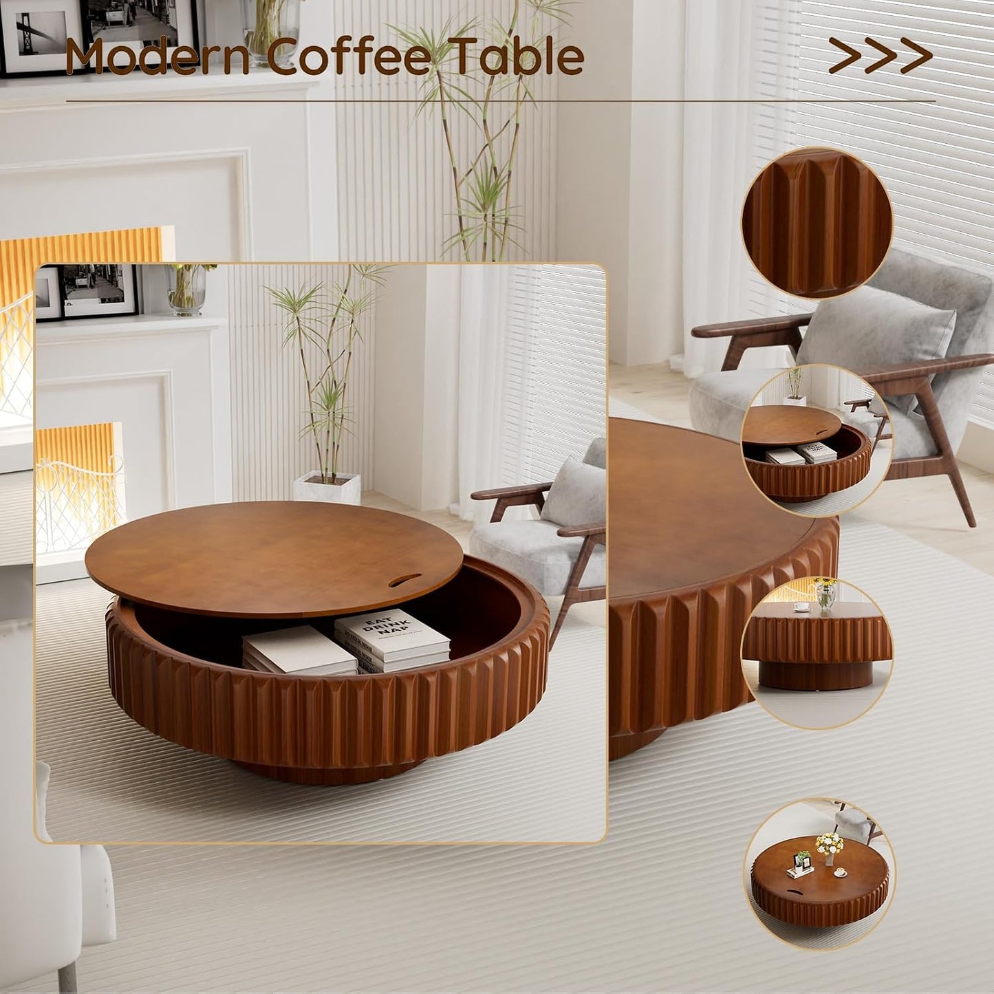 39.37'' Round Fluted Coffee Table with Storage (A39.37IN) | Handcrafted Wood Grooves, Wood Veneered Drum Center Table, Non-Slip Base, for Small Space Apartment Living Room