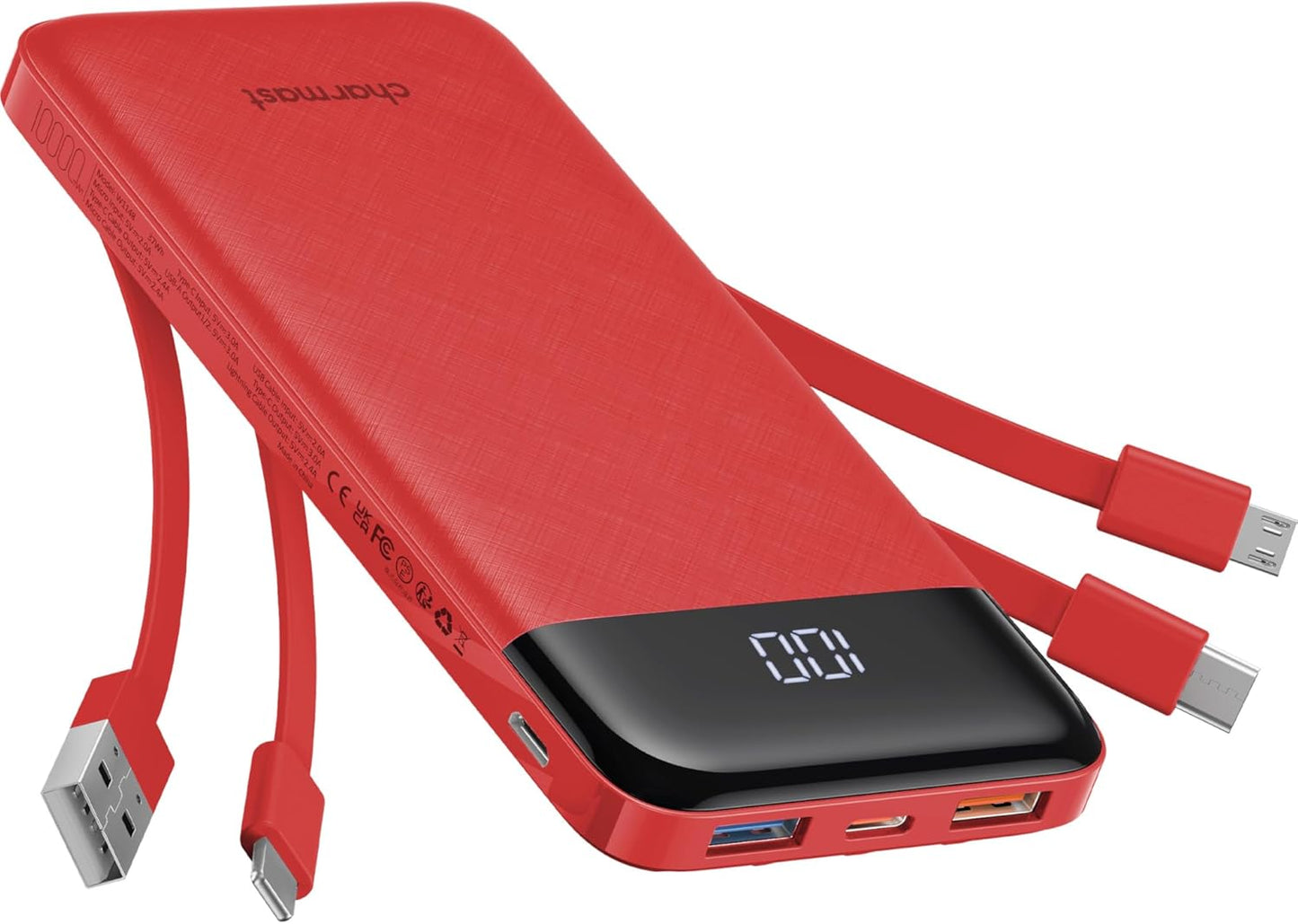 charmast Portable Charger with Reinforced Built-in 4 Cables,10000mAh Power Bank Travel Essentials 6 Outputs 3 Inputs 3A Fast Charging Compatible with iPhone iPad Samsung Google Pixel LG Moto etc.