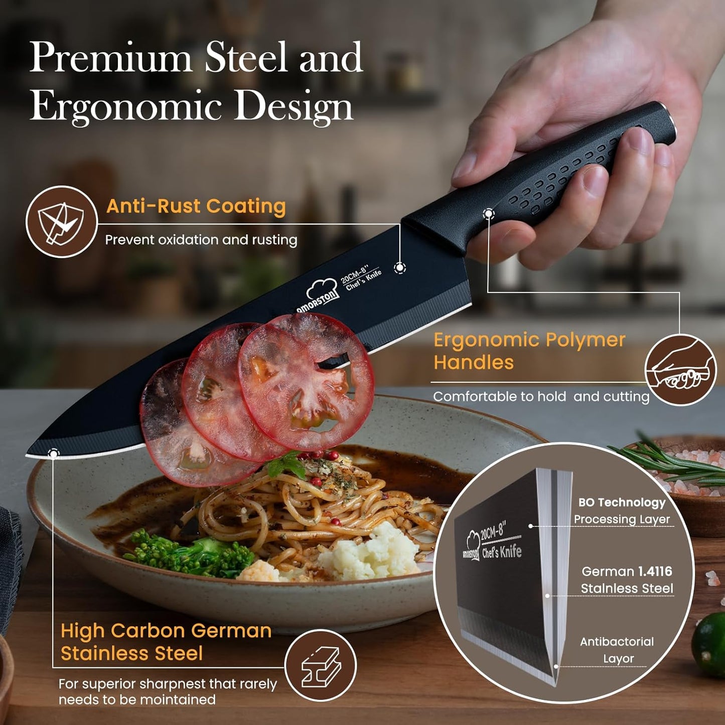 Knife Set, 15 Pieces Kitchen Knife Set with Block Built in Sharpener, Dishwasher Safe, German Stainless Steel Knife Block Set, Elegant Black