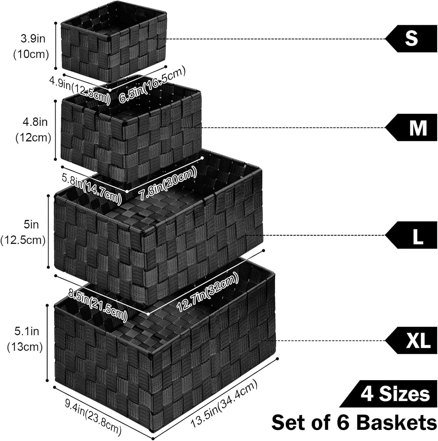 Storage Baskets: 6 Pack Stackable Woven Storage Bins, Black