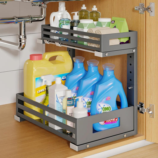1-Pack Under Sink Organizers and Storage,2-Tier L Shape Pull Out Cabinet Organizer With Round Tube Slide Rails,Hight Adjustable Slide Out Drawers for Kitchen&Bathroom,Multi-Purpose Storage Shelf-Gray