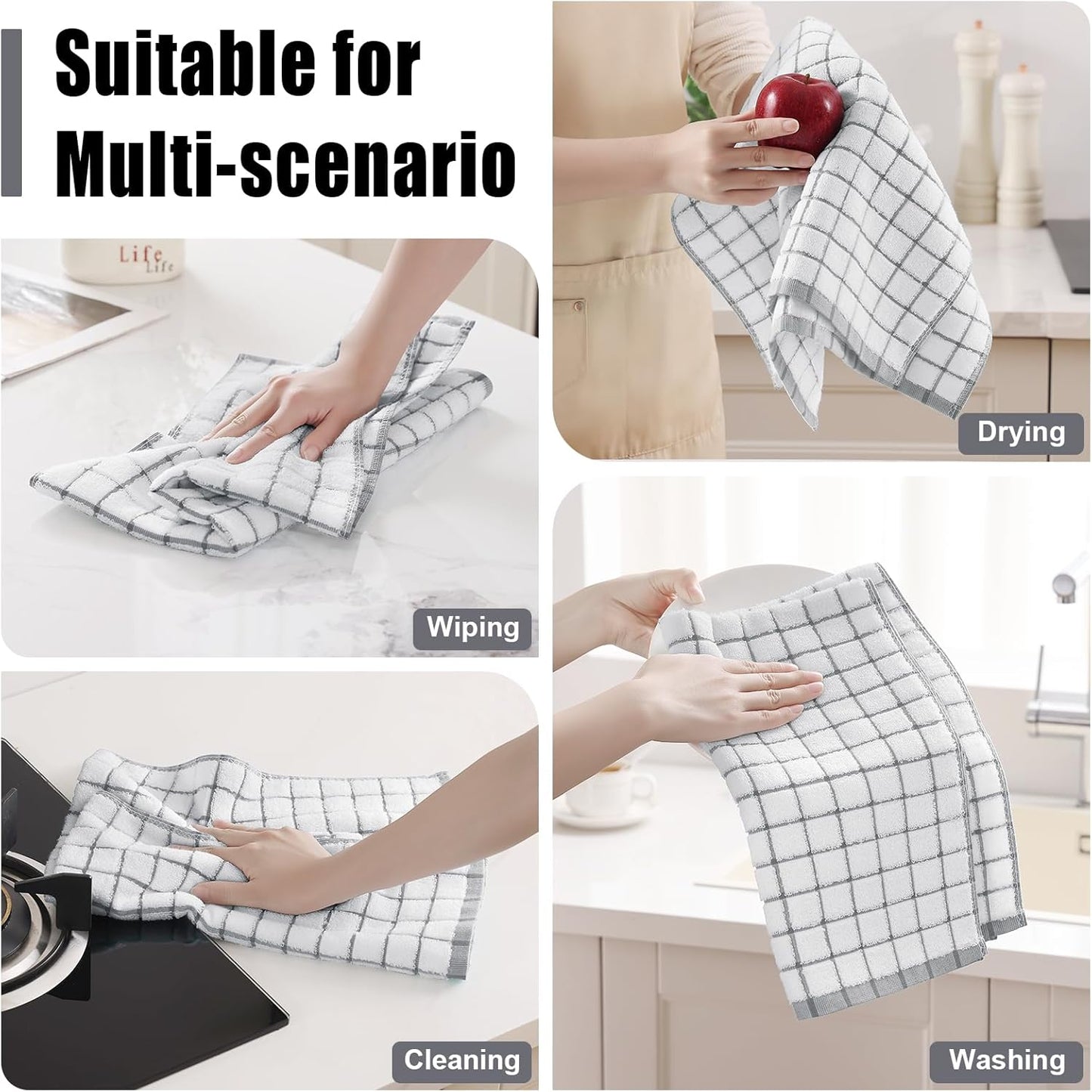 Homaxy Premium Kitchen Towels(16”x 28”, 8 Pack), Large Ring Spun Cotton Dish Towels, Super Absorbent Soft Terry Kitchen Hand Towels, Check Design Tea Towel Set with Hanging Loop, Grey