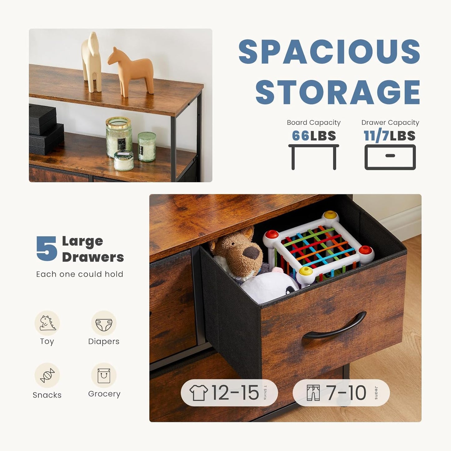 DUMOS TV Stand, Dresser with 5 Fabric Storage Drawers, Media Console Featuring Open Shelf for TV, Compact Entertainment Unit for Bedroom, Living Space, or Dorm Organization, Brown