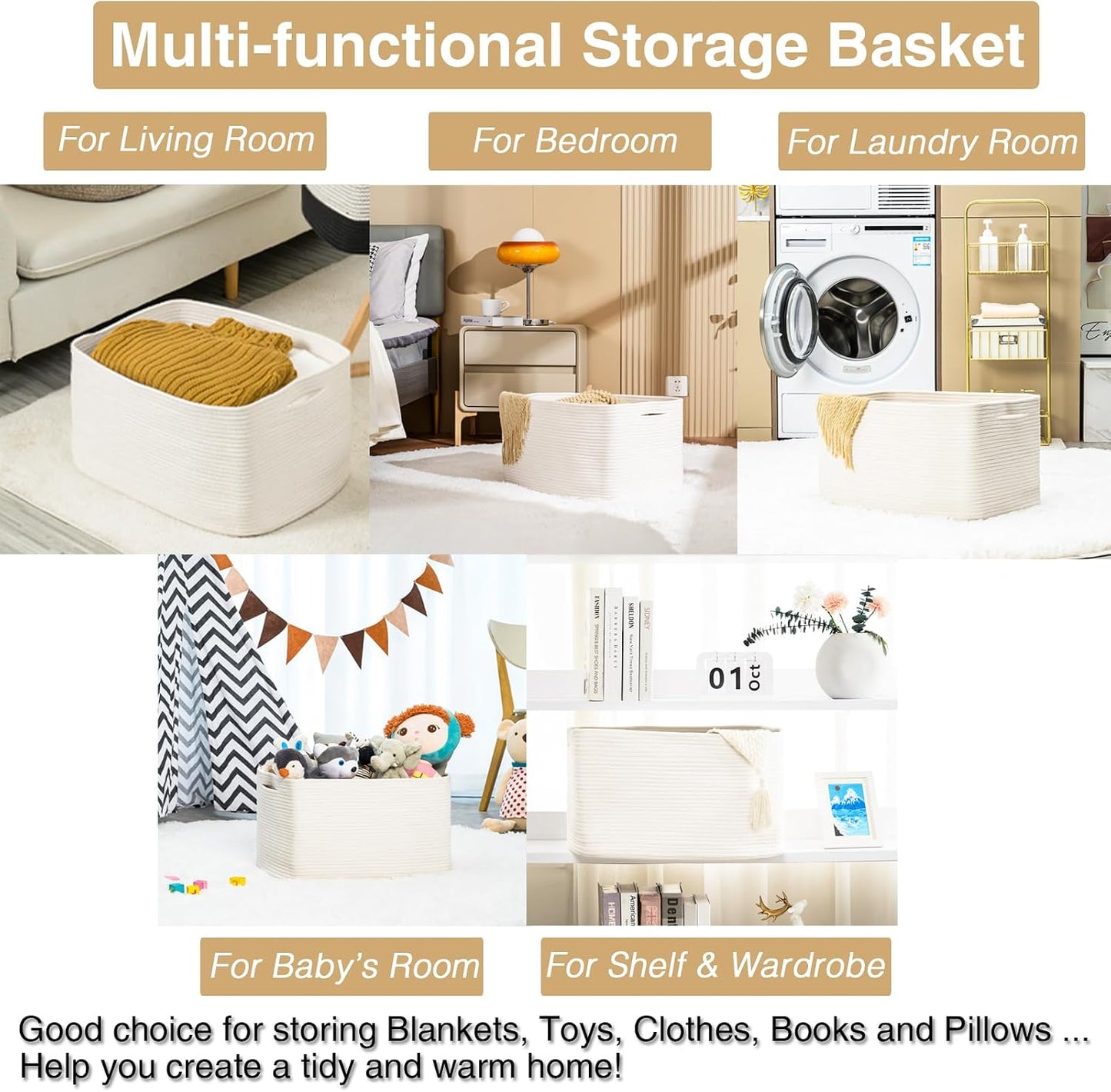 ICERZCZ Large Rectangle Blanket Basket, Large Storage Basket, Cotton Rope Woven Baskets for Storage with Handles, Toy Baskets for Baby Nursery Living Room Bedroom, 22”x17”x12”, White, 75L