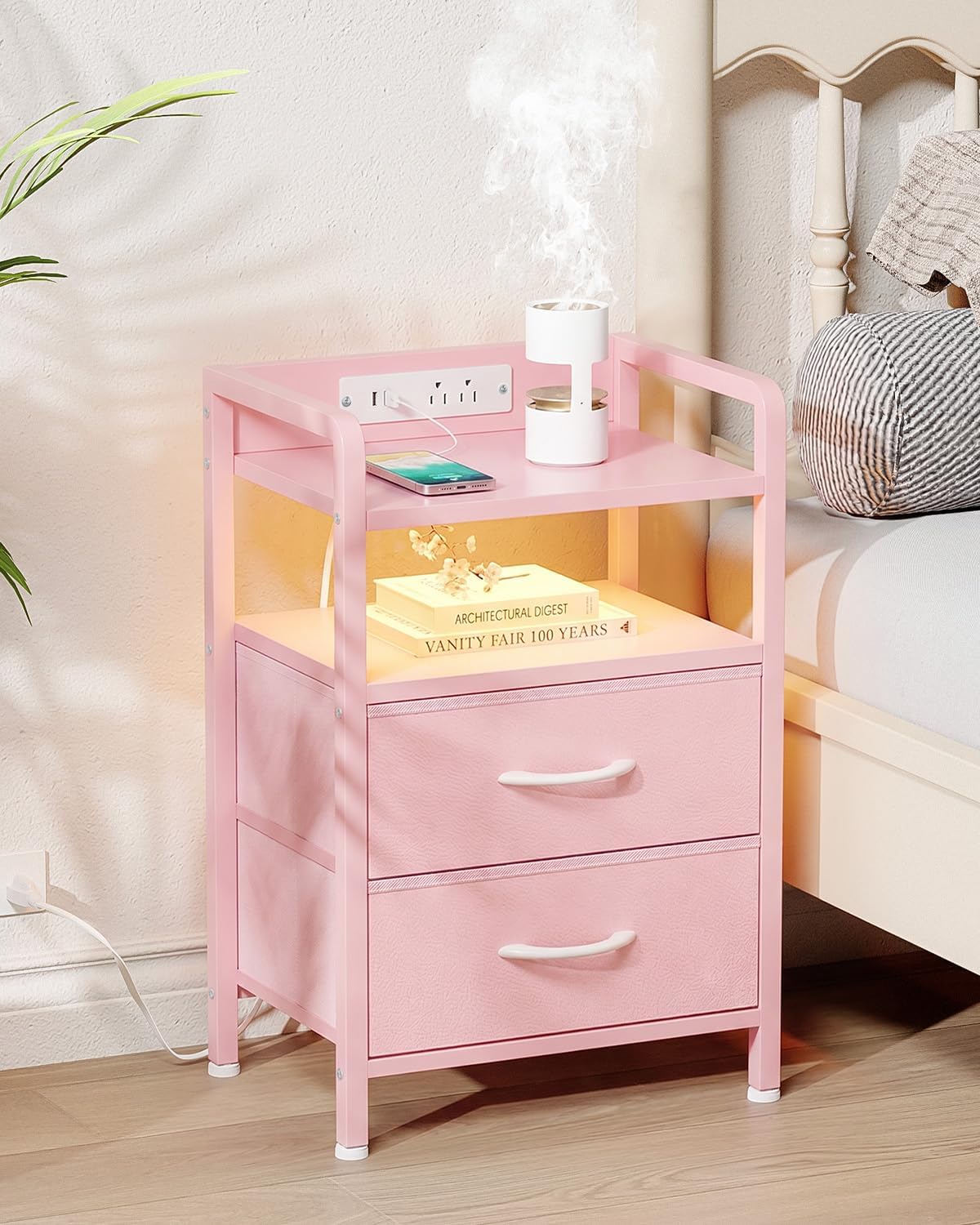 Lazzanto Night Stand Bedside Charger Bedroom - Nightstand with Charging Station & LED Light Strip, Night Stand with Storage Shelf & 2 Fabric Drawers, Morden End Table with USB Ports&AC Outlets,Pink