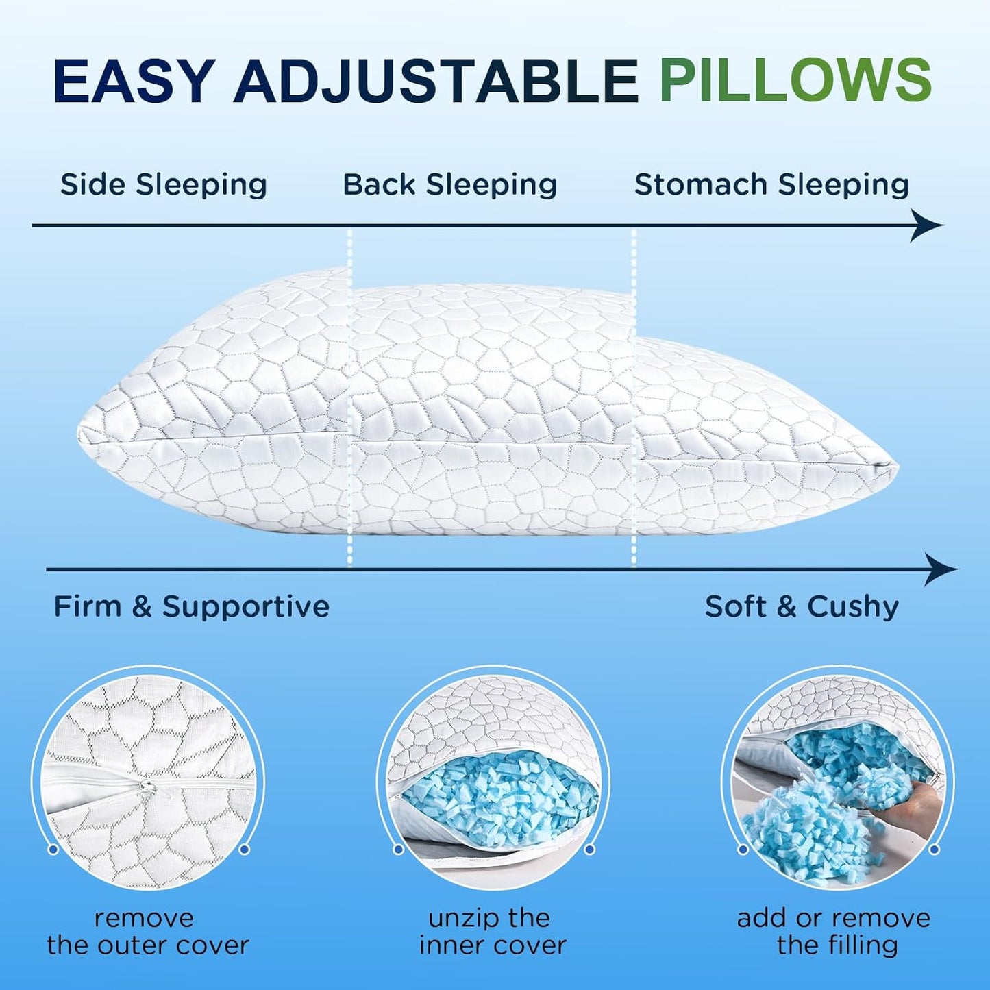 Cooling Pillows Queen Size Set of 2 Shredded Memory Foam Pillows for Side Back Stomach Sleepers, Two-Sided Cool Adjustable Firm or Soft Bed Pillow Luxury Gel Neck Pillow for Neck Shoulder Pain Relie