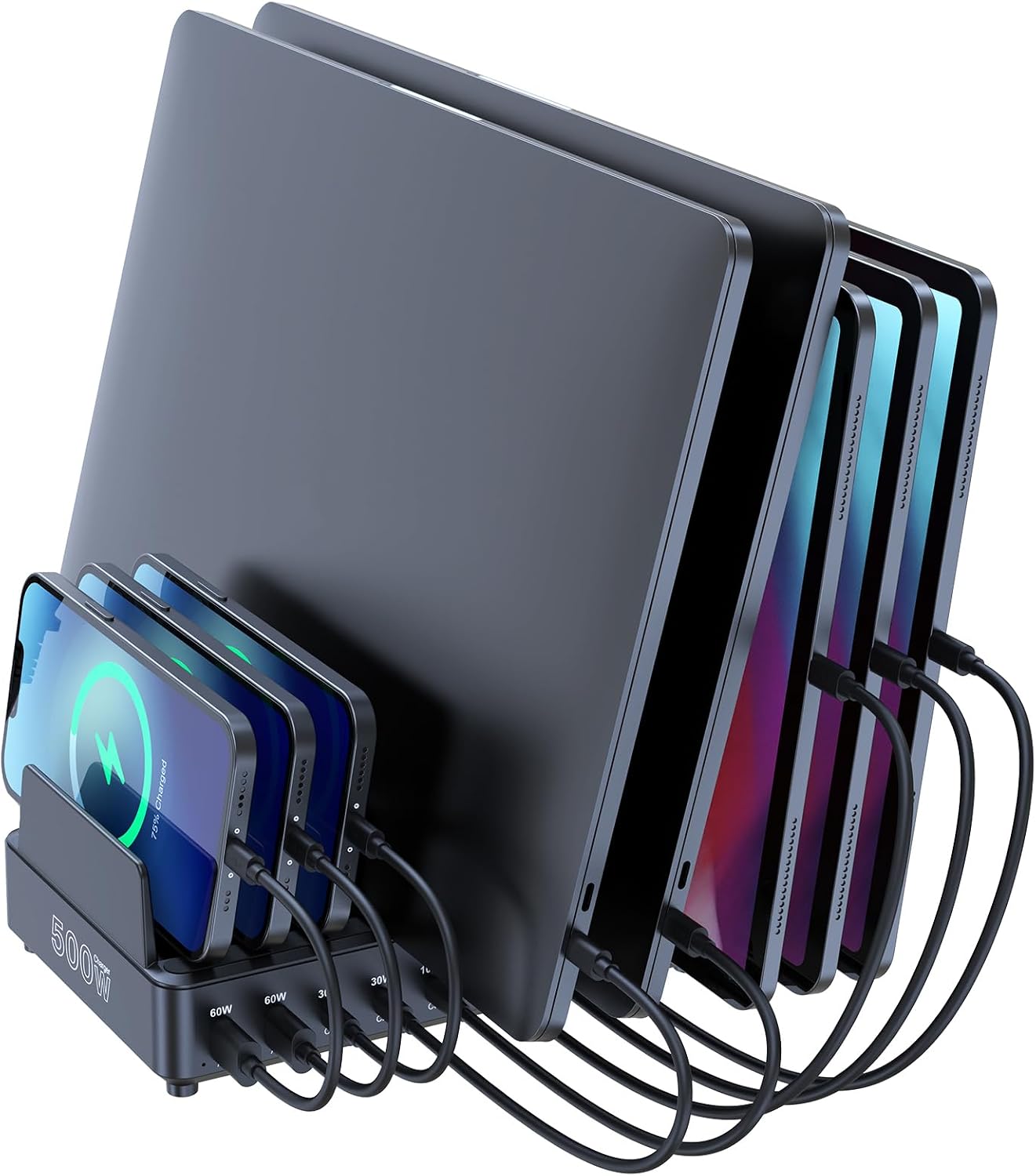 chipofy 500W Charging Station for Multiple Devices with Stand | 10-Port Multi USB C Fast Charger, with Organizer Stand, for MacBook Laptop, iPad, iPhone 17 16 Pro Max, Galaxy S25/S24