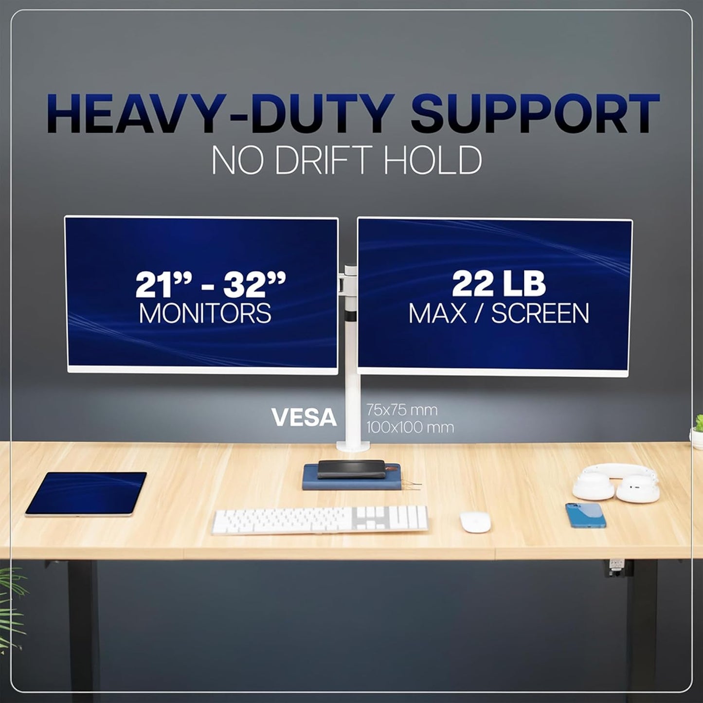 VIVO Dual LCD LED 21 to 32 inch Monitor Desk Mount, Heavy Duty, Adjustable Telescoping Arms, Flush Wall Setup, Fits 2 Screens, White, STAND-V002EW