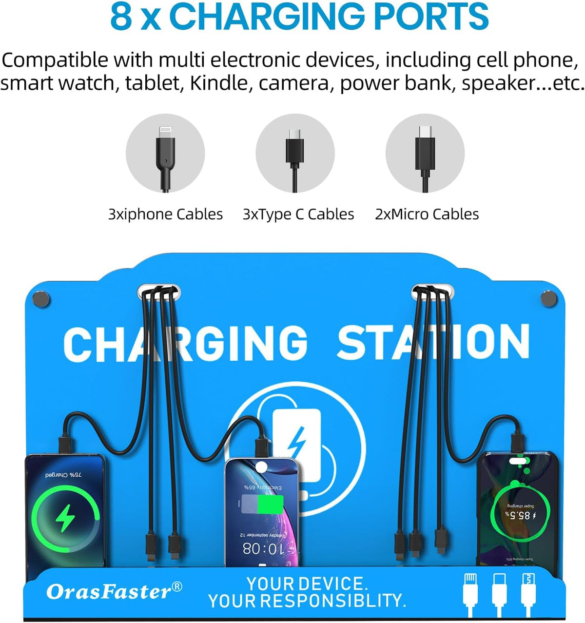 Wall Mounted Cell Phone Charging Station | Multi-Device Station with 8 Port Charging Dock | Application for Library, Hotel,Office,Hotels, Hospitals
