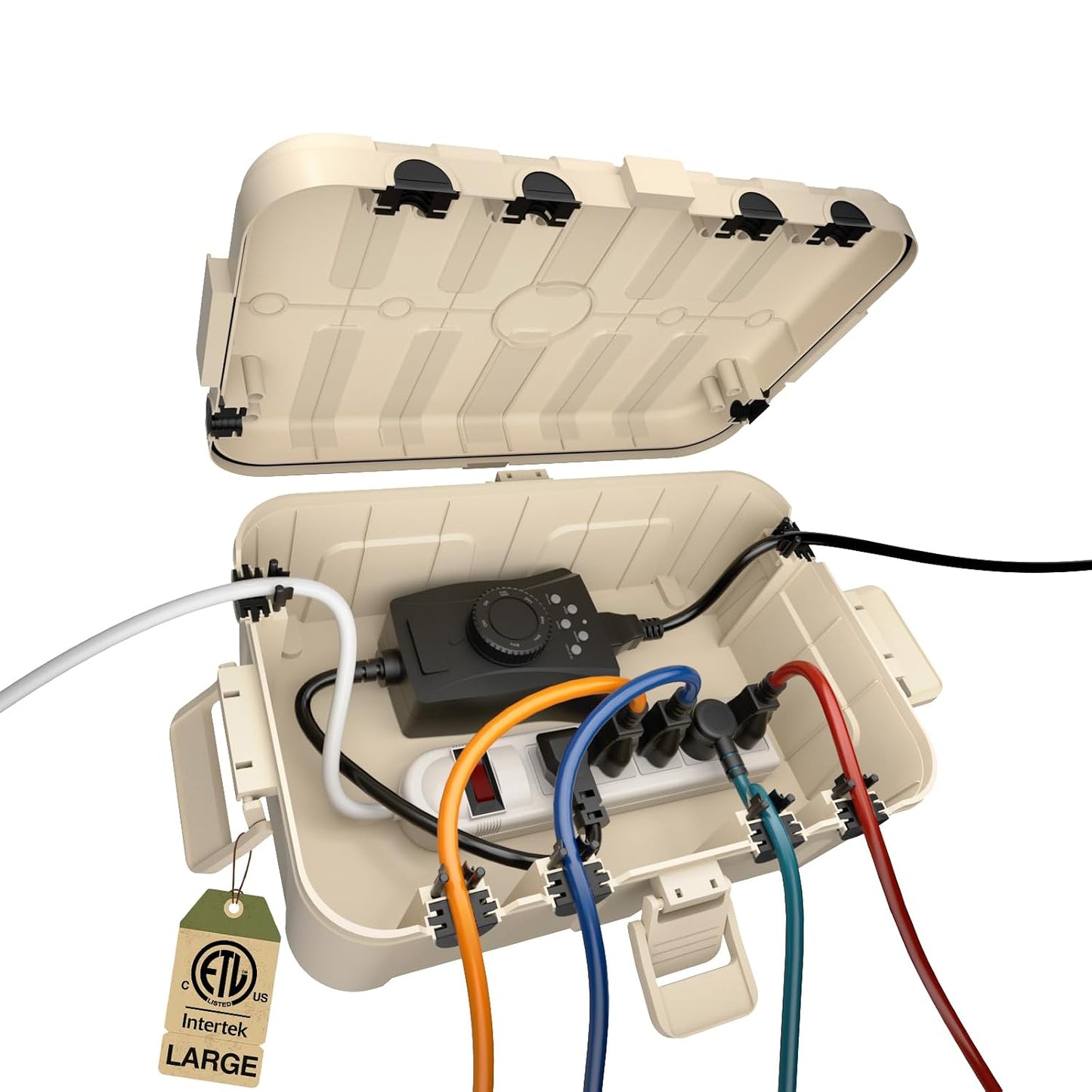Flemoon Large Outdoor Electrical Box, Waterproof Extension Cord Cover | Inner Size 12 x 7.4 x 3.9Inch, 6 Cable Entry Ports, IP54 Weatherproof Connection Box for Outlet, Timer, Holiday Light, Alomnd
