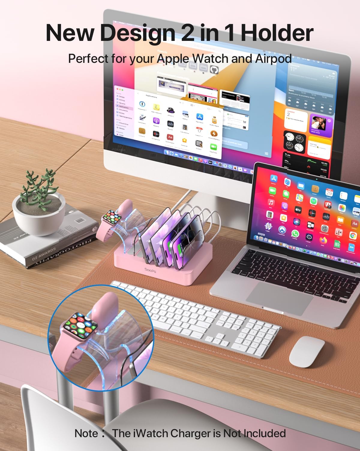 SooPii Premium 6-Port USB Charging Station Organizer for Multiple Devices | Included 6 Short Charging Cables and One Upgraded i-Watch Charger Holder for Phones,Tablets and Other Electronics, Pink
