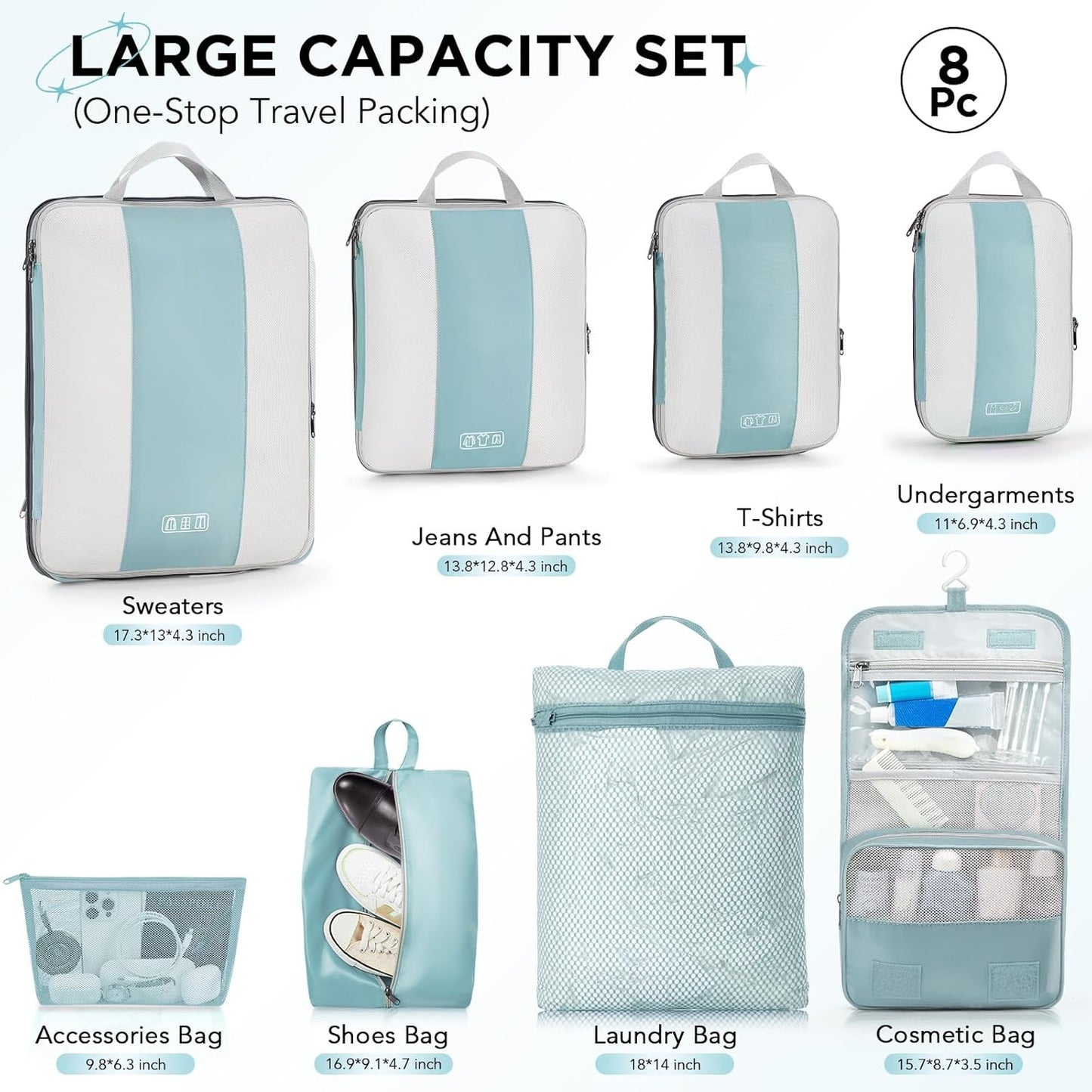 8 Set Compression Packing Cubes for Travel Essentials,Compressible Expandable Packing Cubes for Suitcase,OlarHike Luggage Garment Bags for Travel,Handy Helper for Organizing Clothes(Blue Gray)