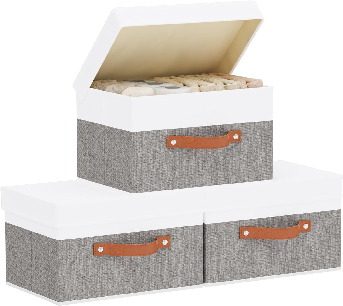 Storage Baskets with Lids, Closet Organizer Boxes, Foldable Shelves Storage Bins with Handles, White and Grey, 3 Pack, 13 x 9.1 x 7.9 Inch