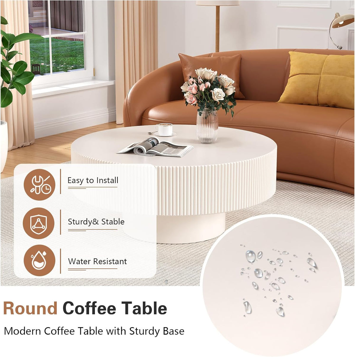 31'' Cream White Round Drum Coffee Table