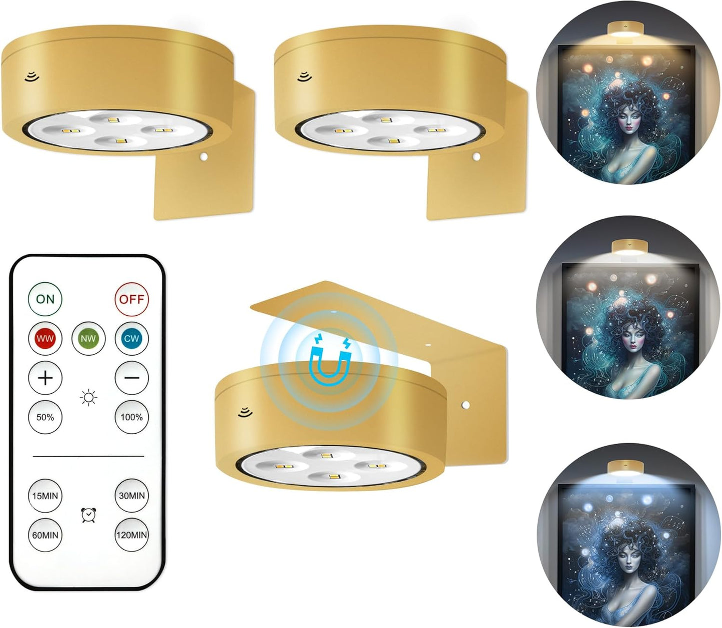 3Pcs Battery Operated Picture Light, Magnetic Led Painting Light with Remote Dimmable and Timer, 3 Lighting Modes Art Display Light for Picture Frame Paintings, Wireless Wall Decor Puck Lights, Gold