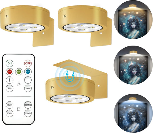 3Pcs Battery Operated Picture Light, Magnetic Led Painting Light with Remote Dimmable and Timer, 3 Lighting Modes Art Display Light for Picture Frame Paintings, Wireless Wall Decor Puck Lights, Gold