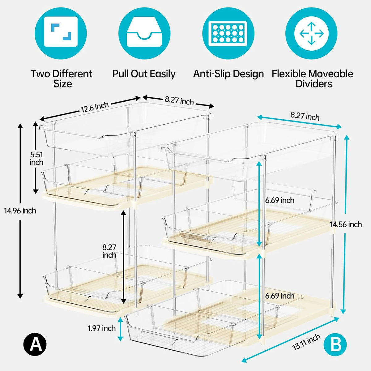 Delamu 2 Pack 3-Tier Bathroom Under Sink Organizers and Storage, Multi-Purpose Stackable Pantry Organization and Storage, Pull Out Clear Kitchen Bathroom Cabinet Organizer with Movable Dividers, Beige