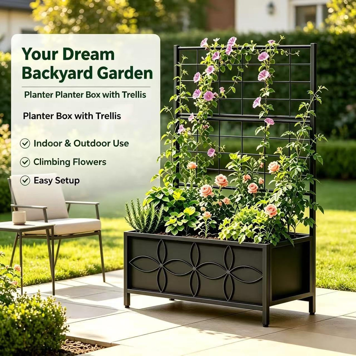 Zhongma Sturdy Raised Garden Bed with Trellis (15.75 x 35.43 x 48.8 in) for Vegetables Flower, Planter Box for Backyard Patio Balcony
