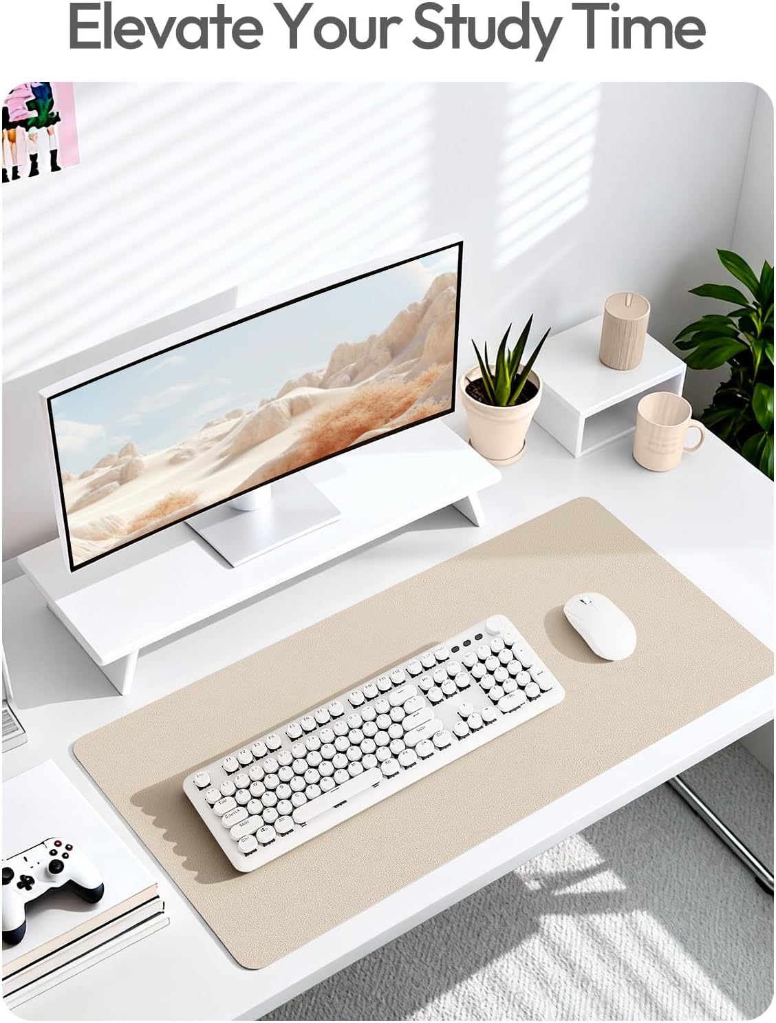 YSAGi Leather Desk Protector, Office Mat, Large Mouse Mat, Non-Slip PU Leather Blotter, Laptop Desk, Waterproof Writing Pad for Office and Home (Eggshell, 35.4" x 17")
