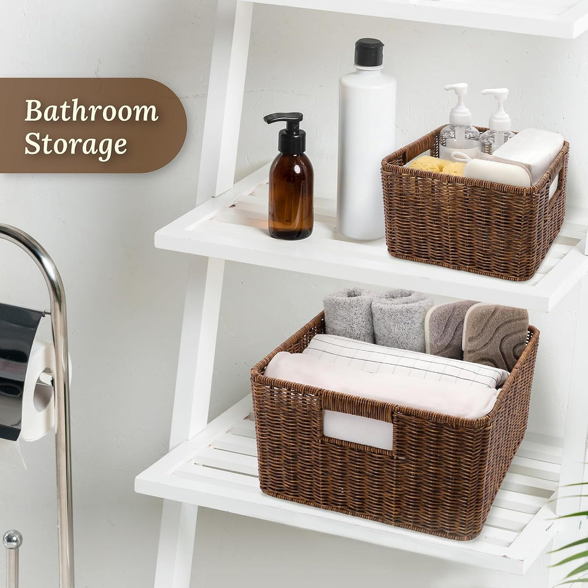 WeeNest Baskets with Handles, Wicker Storage, Shelf Boxes for Organizing, Decorative Resin, Set of 3, Toffee
